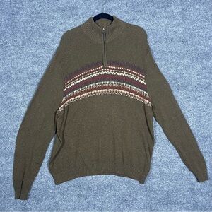 Eddie Bauer Mens XL Green Knit Mock Neck 1/4 Zip‎ Lambs Wool Fair Isle Sweater